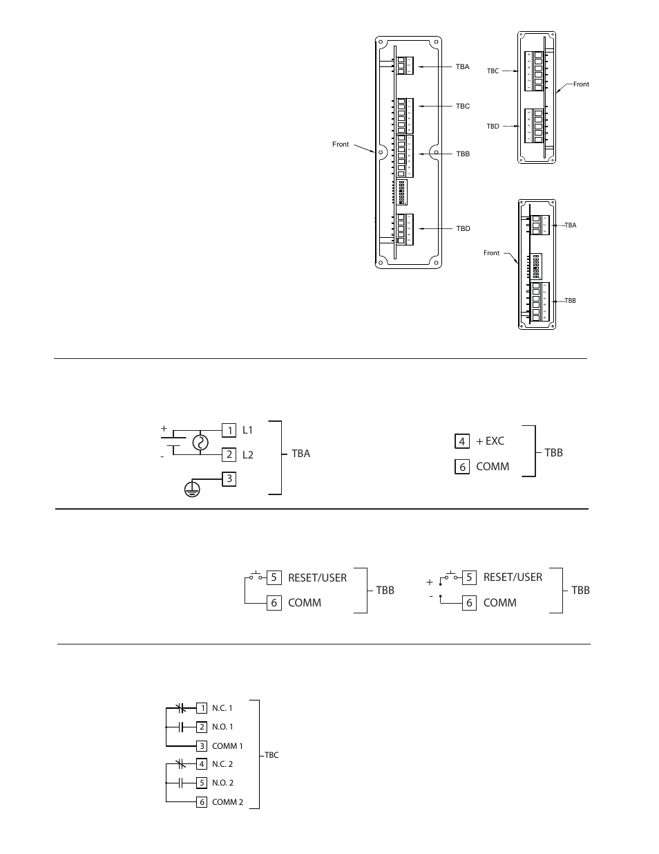 1 power wiring, 2 reset/user input wiring, 3 setpoint (output) wiring | Wiring overview, Comm + exc 6 4 tbb, Reset/user 5 comm 6 tbb reset/user comm 6 5 tbb | Red Lion LD User Manual | Page 4 / 16