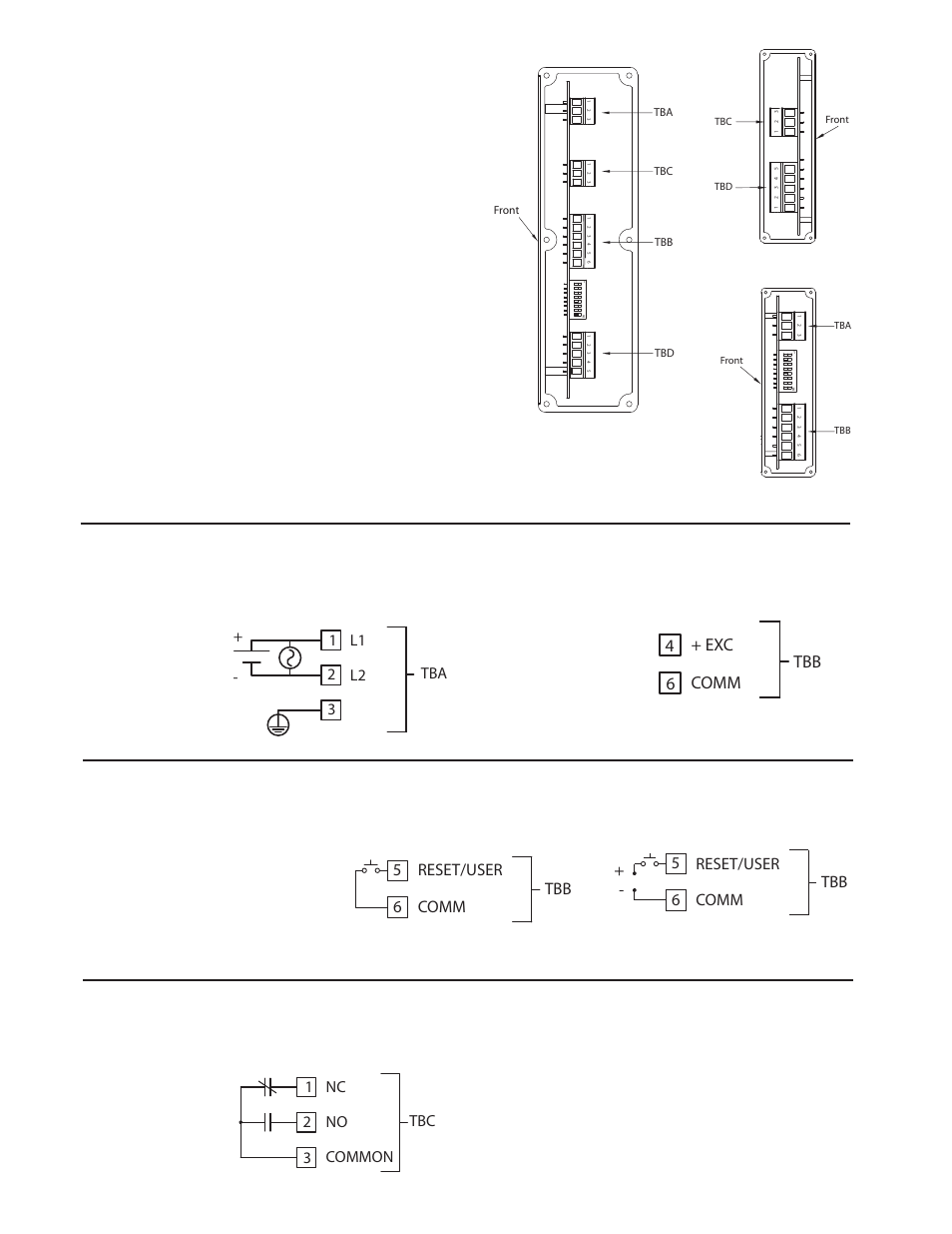 3 setpoint (output) wiring, 1 power wiring, 2 reset/user input wiring | Wiring overview, Comm + exc 6 4 tbb, 1 nc common 3 2 no tbc, Reset/user 5 comm 6 tbb reset/user comm 6 5 tbb | Red Lion LDT User Manual | Page 4 / 16