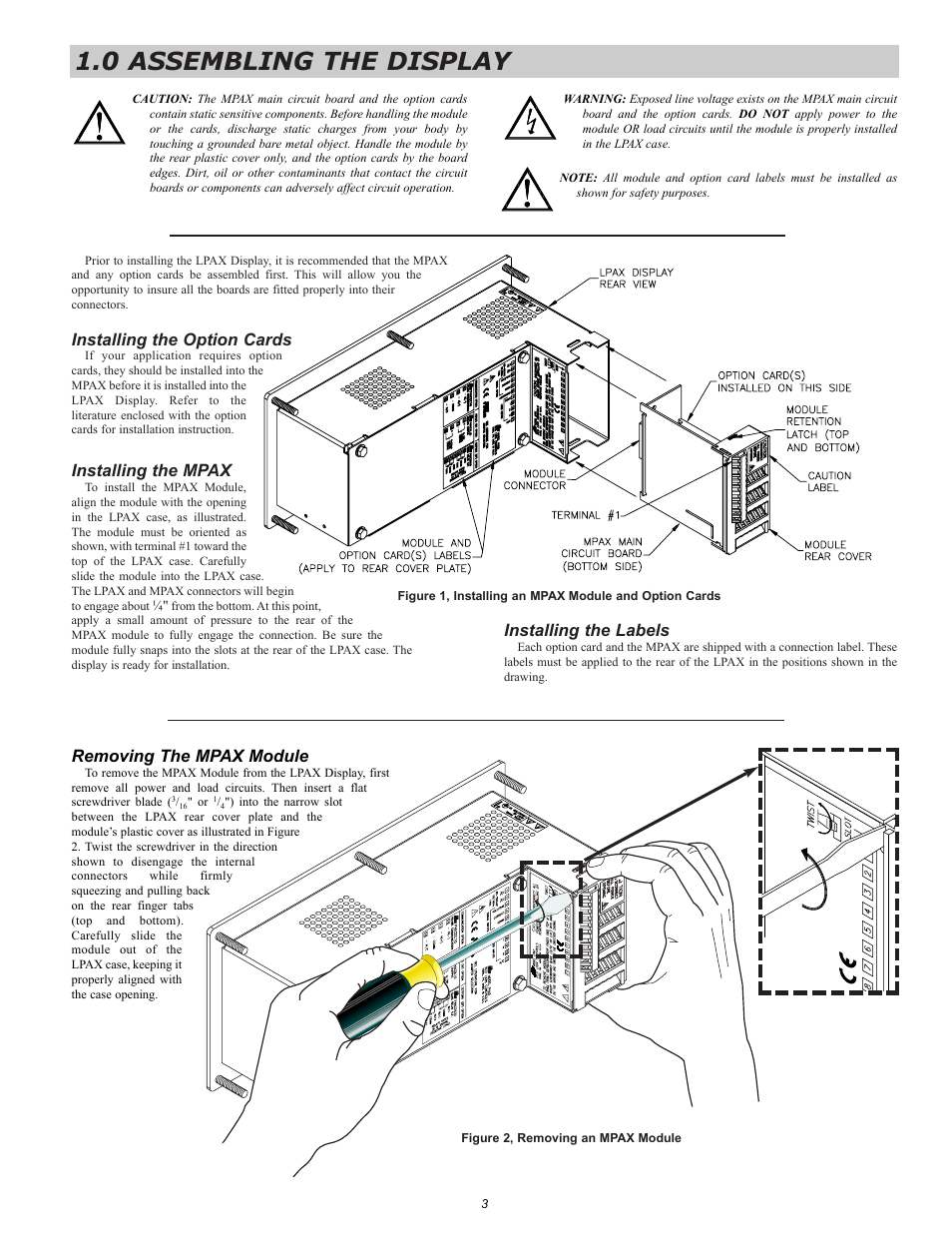 0 assembling the display, Removing the mpax module, Installing the option cards | Installing the mpax, Installing the labels | Red Lion LPAX/MPAX User Manual | Page 3 / 4