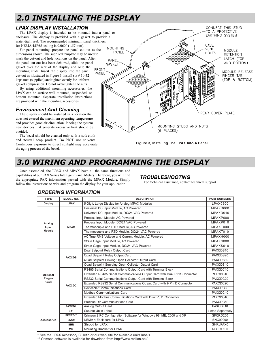Troubleshooting, Lpax display installation, Environment and cleaning | Ordering information | Red Lion LPAX/MPAX User Manual | Page 4 / 4