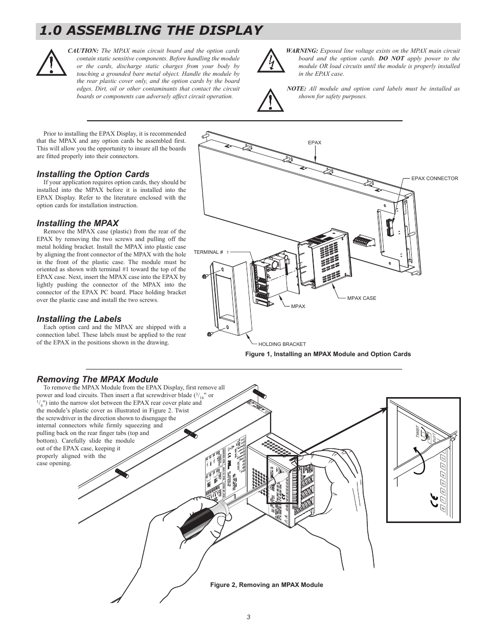 0 assembling the display, Removing the mpax module, Installing the option cards | Installing the mpax, Installing the labels | Red Lion EPAX/MPAX User Manual | Page 3 / 8