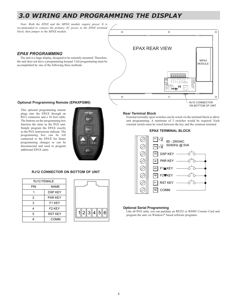 0 wiring and programming the display, Epax rear view, Epax programming | Optional programming remote (epaxpgm0), Optional serial programming | Red Lion EPAX/MPAX User Manual | Page 5 / 8