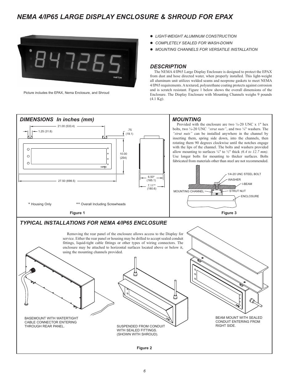 Description, Dimensions in inches (mm) mounting, Typical installations for nema 4/ip65 enclosure | Red Lion EPAX/MPAX User Manual | Page 6 / 8