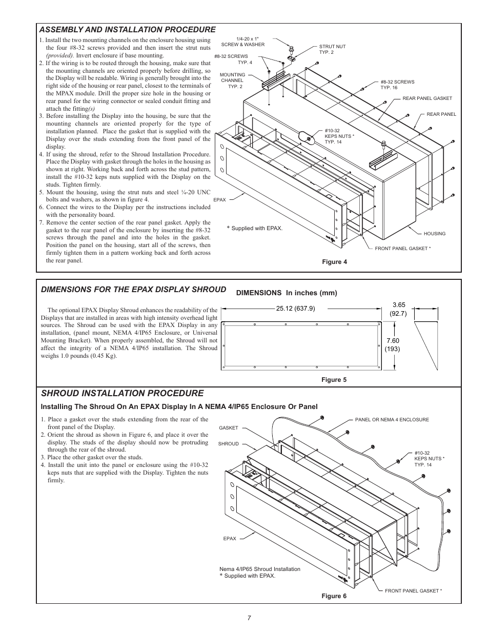 Shroud installation procedure, Dimensions for the epax display shroud, Assembly and installation procedure | Red Lion EPAX/MPAX User Manual | Page 7 / 8