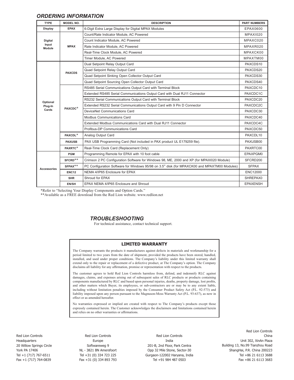 Ordering information, Troubleshooting, Limited warranty | Red Lion EPAX/MPAX User Manual | Page 8 / 8