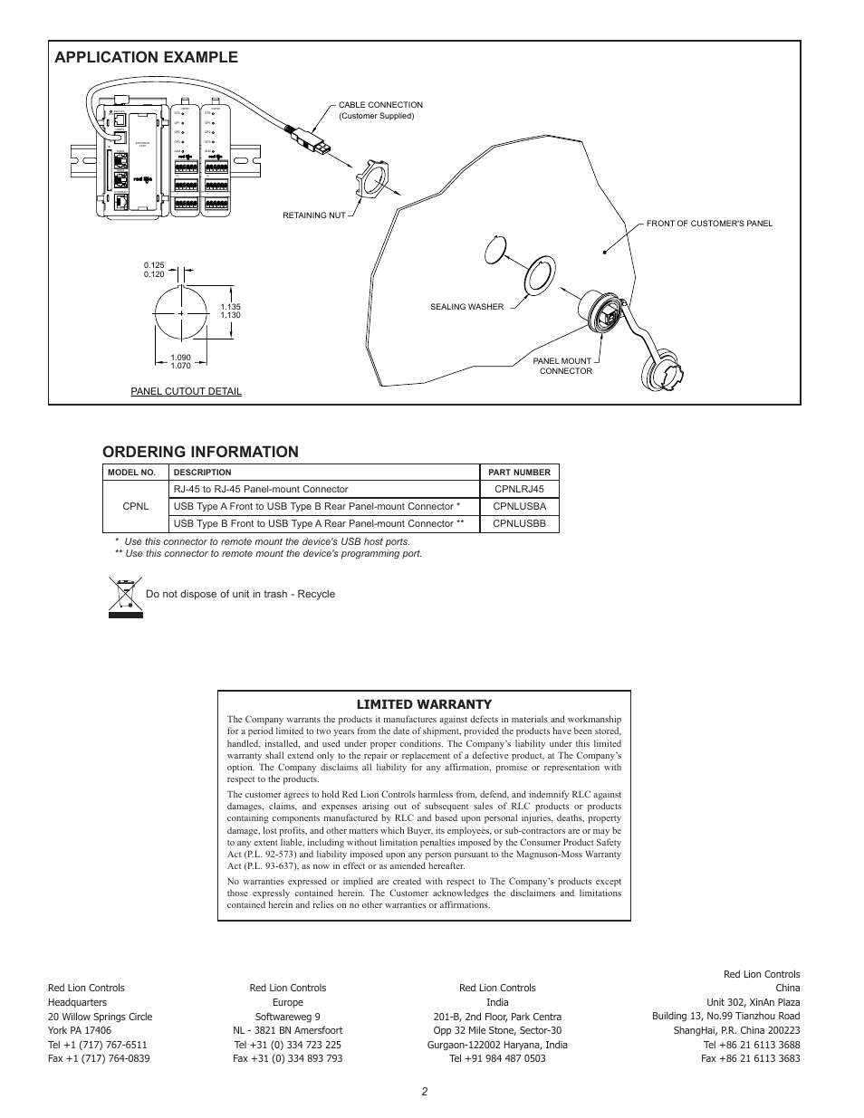 Application example, Ordering information, Limited warranty | Red Lion CPNL User Manual | Page 2 / 2
