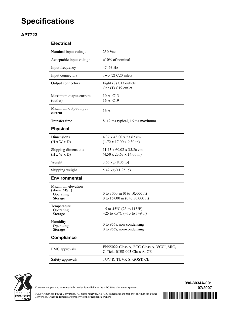 Specifications | American Power Conversion AP7723 User Manual | Page 2 / 2