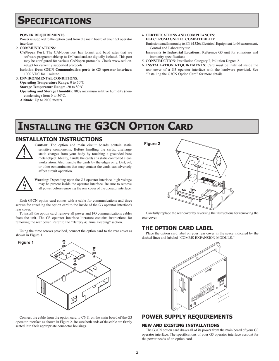 G3cn o, Nstalling, Ption | Pecifications, Installation instructions, The option card label, Power supply requirements | Red Lion G3CN User Manual | Page 2 / 4