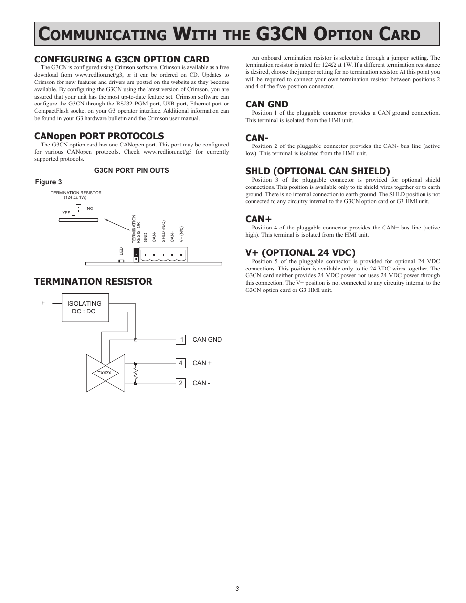 G3cn o, Ommunicating, Ption | Configuring a g3cn option card, Canopen port protocols, Termination resistor, Can gnd, Shld (optional can shield), V+ (optional 24 vdc) | Red Lion G3CN User Manual | Page 3 / 4