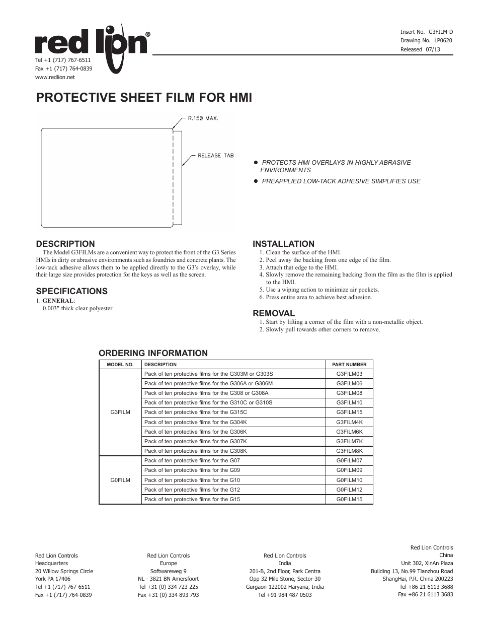 Red Lion G3FILM (Protective Films) User Manual | 1 page