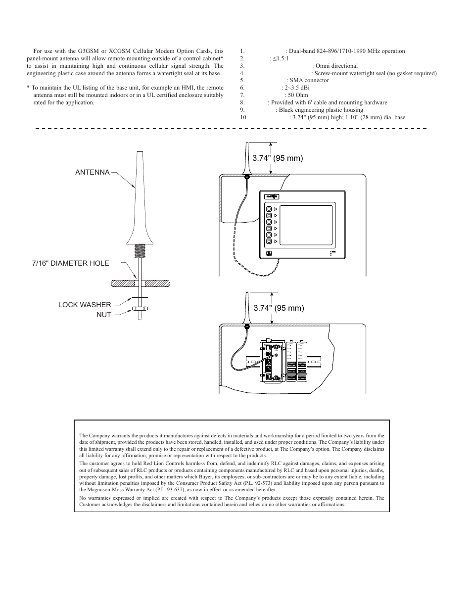 Installation, G3qantpm panel-mount gsm/gprs antenna, Description | Specificiations, 74" (95 mm) | Red Lion G3QANT User Manual | Page 2 / 2