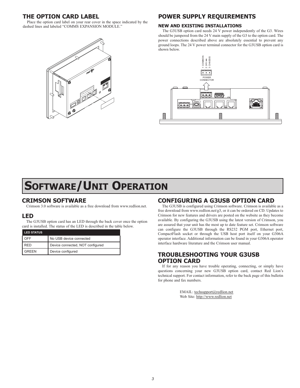 Oftware, Peration, The option card label | Power supply requirements, Crimson software, Configuring a g3usb option card, Troubleshooting your g3usb option card | Red Lion G3USB User Manual | Page 3 / 4
