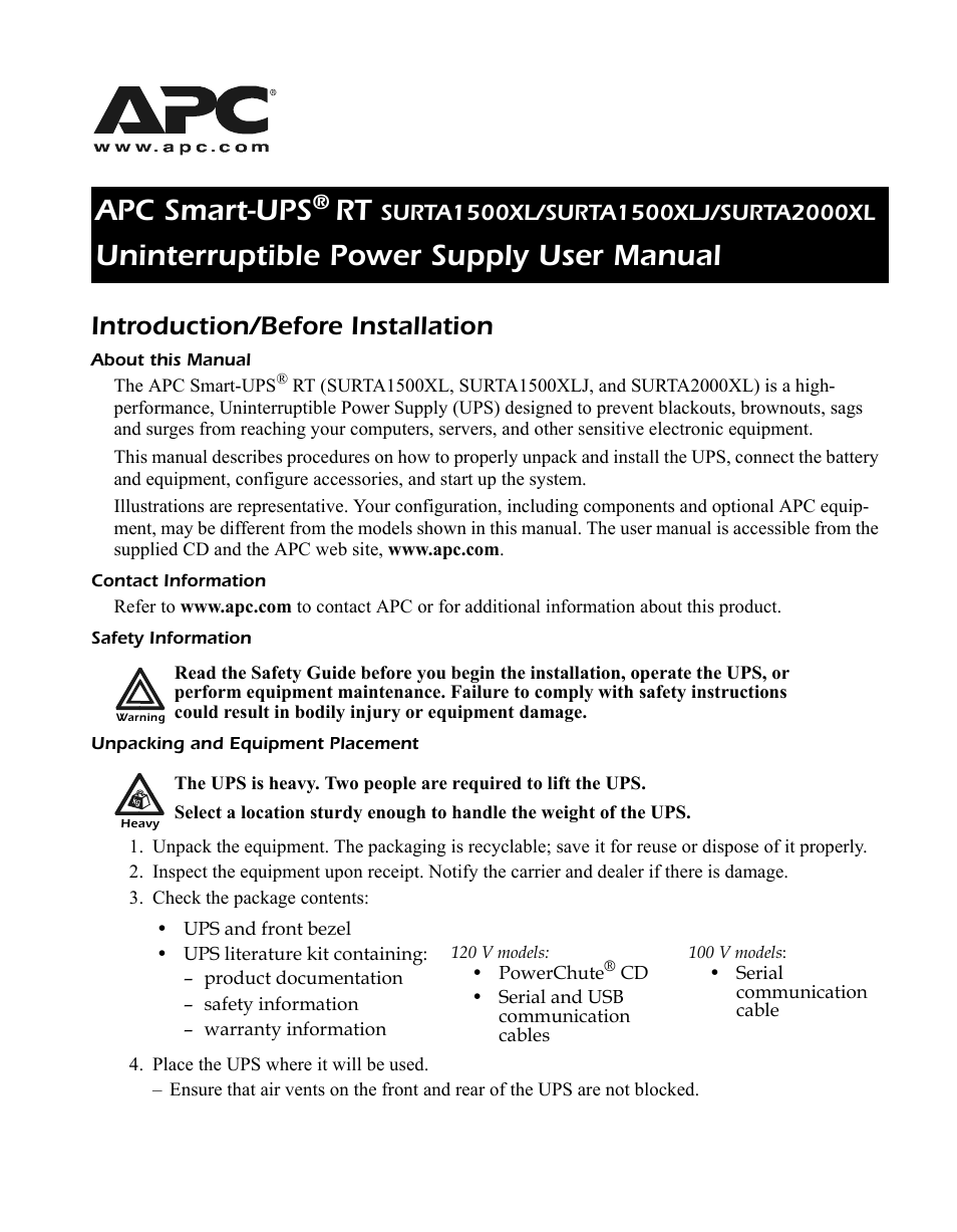 American Power Conversion SURTA1500XL User Manual | 16 pages