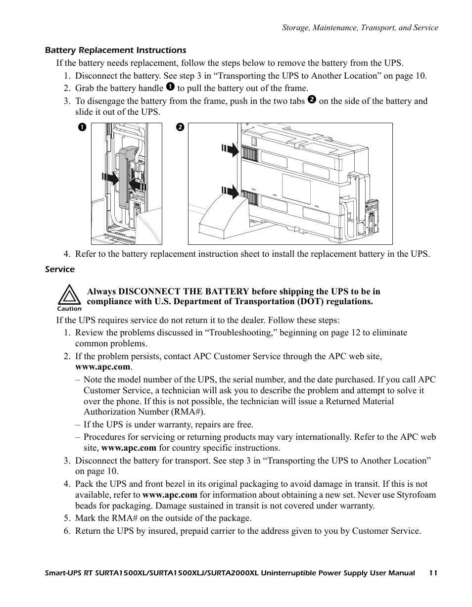 Battery replacement instructions, Service | American Power Conversion SURTA1500XL User Manual | Page 11 / 16