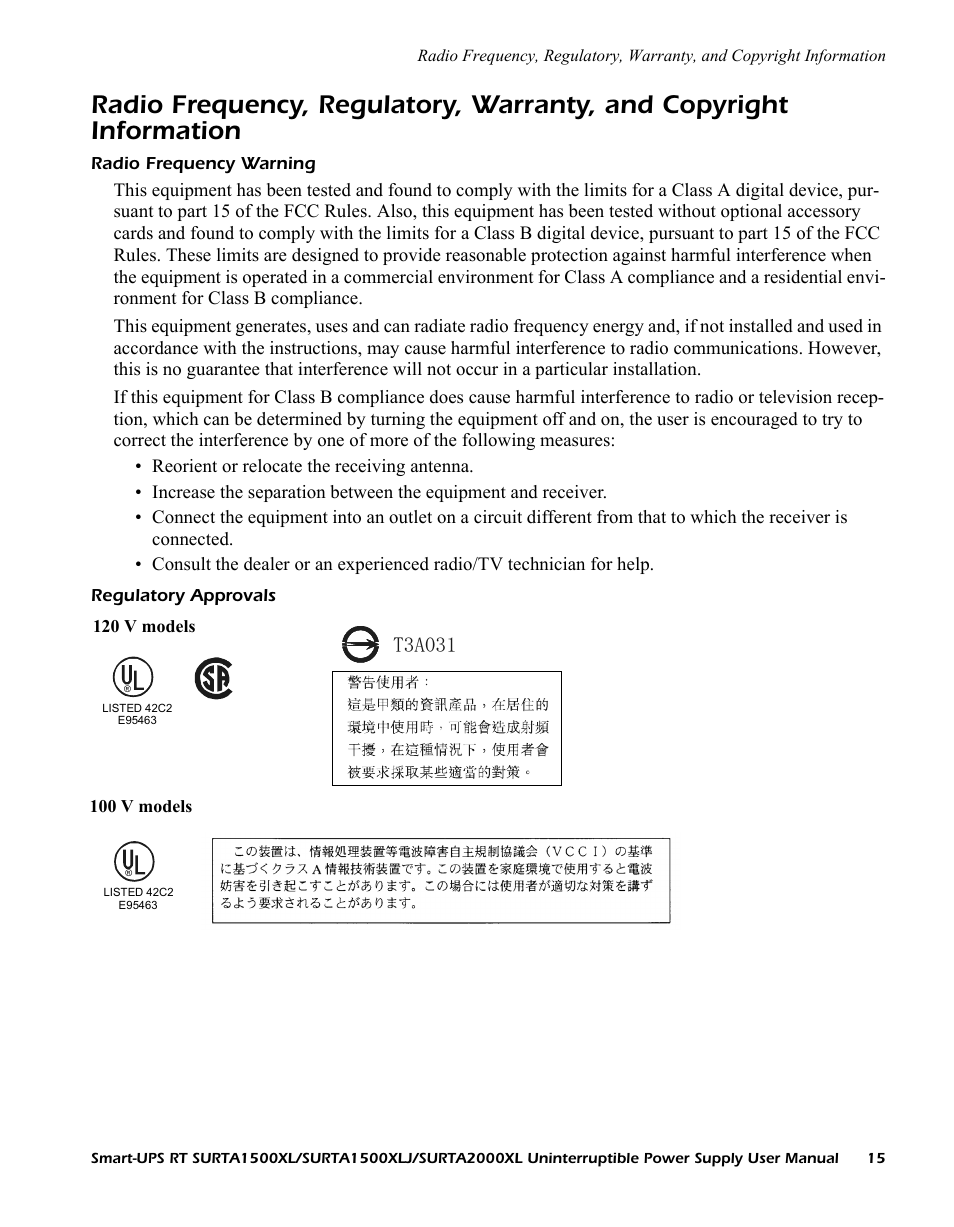 Radio frequency warning, Regulatory approvals, T3a031 | American Power Conversion SURTA1500XL User Manual | Page 15 / 16