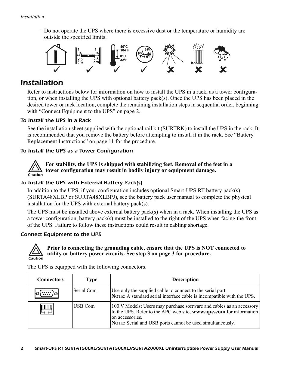 Installation, To install the ups in a rack, To install the ups as a tower configuration | To install the ups with external battery pack(s), Connect equipment to the ups | American Power Conversion SURTA1500XL User Manual | Page 2 / 16
