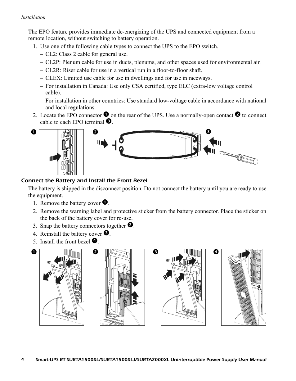 Connect the battery and install the front bezel | American Power Conversion SURTA1500XL User Manual | Page 4 / 16