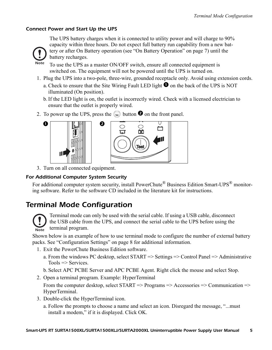 Connect power and start up the ups, For additional computer system security, Terminal mode configuration | American Power Conversion SURTA1500XL User Manual | Page 5 / 16