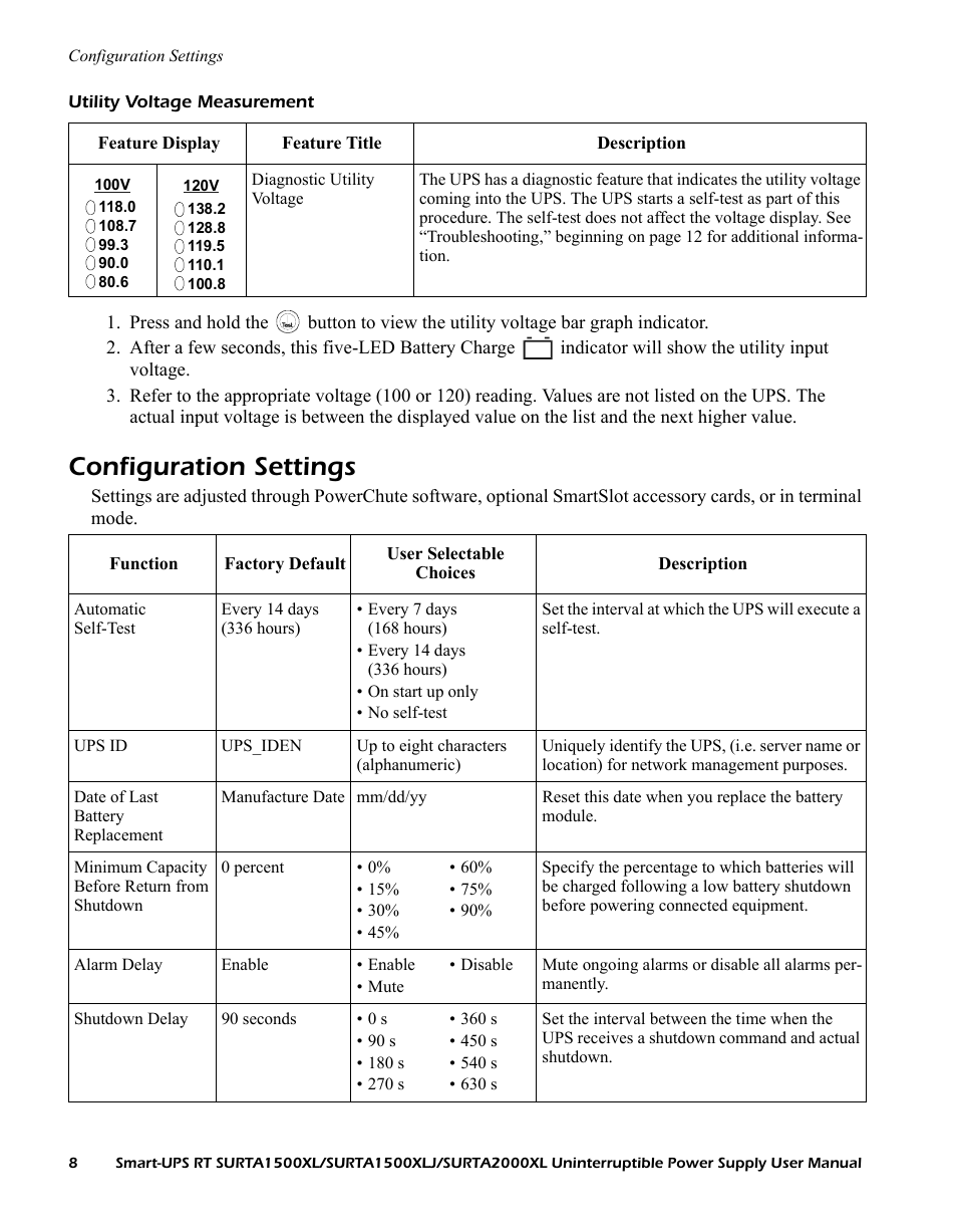 Utility voltage measurement, Configuration settings | American Power Conversion SURTA1500XL User Manual | Page 8 / 16
