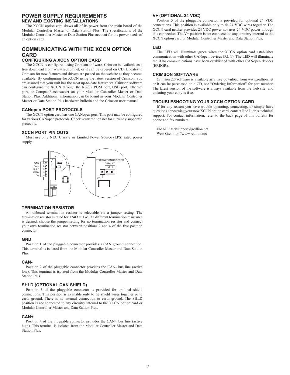 Power supply requirements, Communicating with the xccn option card | Red Lion XCCN User Manual | Page 3 / 4