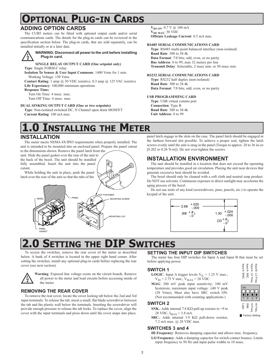 Dip s, Etting, Witches | Ptional, Ards, Nstalling, Eter, Adding option cards, Installation, Installation environment | Red Lion CUB5 User Manual | Page 3 / 16