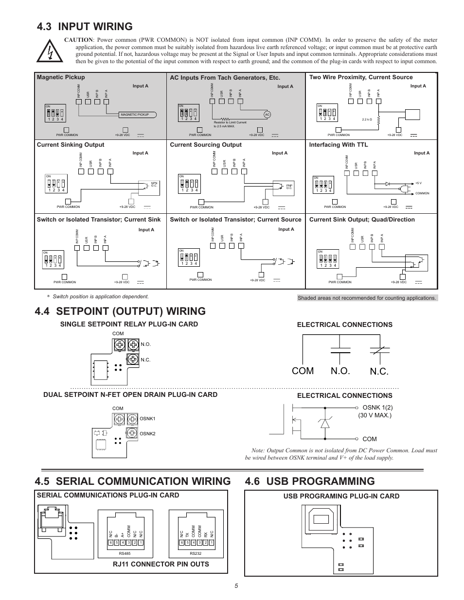 3 input wiring, 4 setpoint (output) wiring, 5 serial communication wiring | 6 usb programming, Com n.o. n.c, Single setpoint relay plug-in card, Electrical connections, Ac inputs from tach generators, etc, Two wire proximity, current source, Magnetic pickup | Red Lion CUB5 User Manual | Page 5 / 16