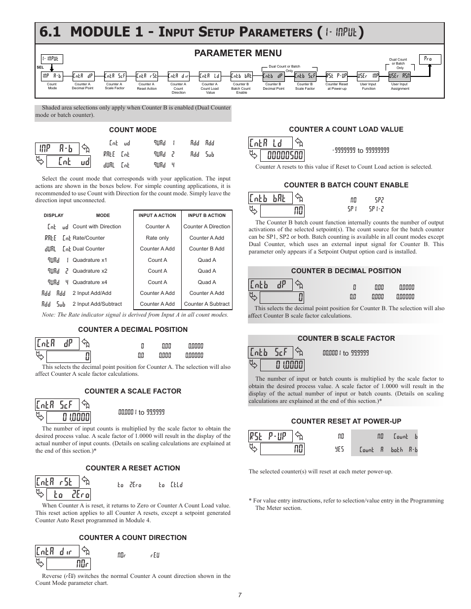 Input, 1 module 1 - i, Cnt ud inp a-b | 0cnta dp, 0000 cmta scf, No cmtb bat, 0cntb dp, No rst p-up, Cntb scf, Nor cmta dir | Red Lion CUB5 User Manual | Page 7 / 16