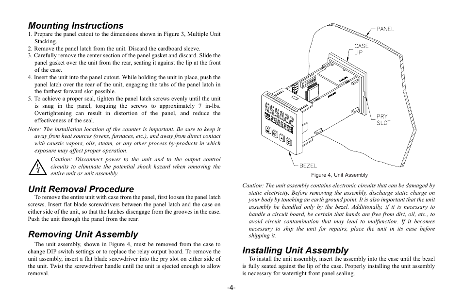 Mounting instructions, Unit removal procedure, Removing unit assembly | Installing unit assembly | Red Lion C48C User Manual | Page 10 / 57