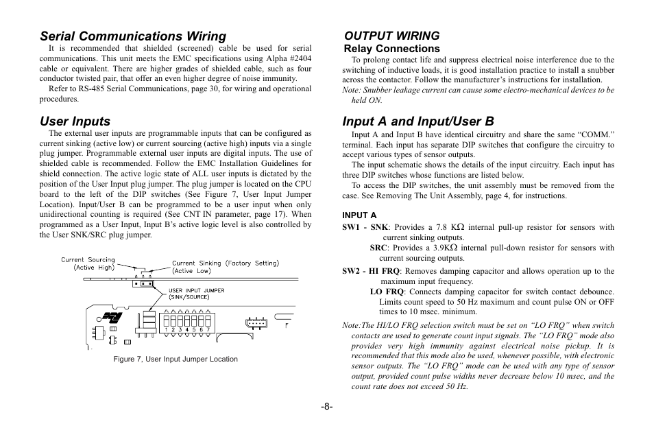 Serial communications wiring, User inputs, Input a and input/user b | Output wiring | Red Lion C48C User Manual | Page 14 / 57