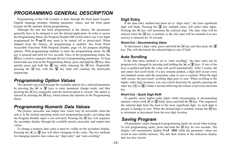 Programming general description, Programming option values, Programming numeric data values | Saving program | Red Lion C48C User Manual | Page 21 / 57