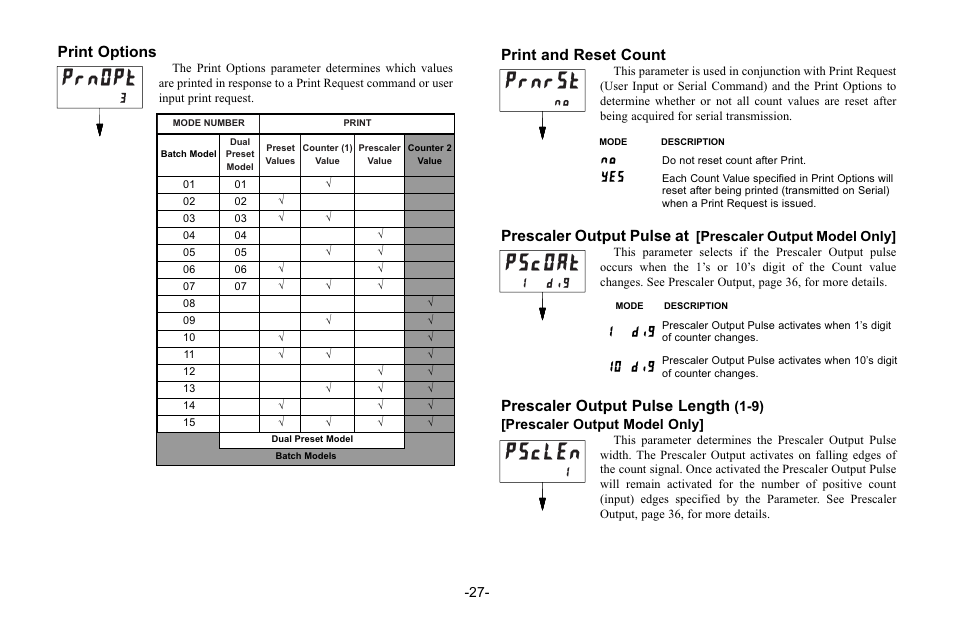 Prnopt, Pscoat, Psclen | Prnrst, 10 dig 1 dig, 1 dig, Print options, Print and reset count, Prescaler output pulse at, Prescaler output pulse length | Red Lion C48C User Manual | Page 33 / 57
