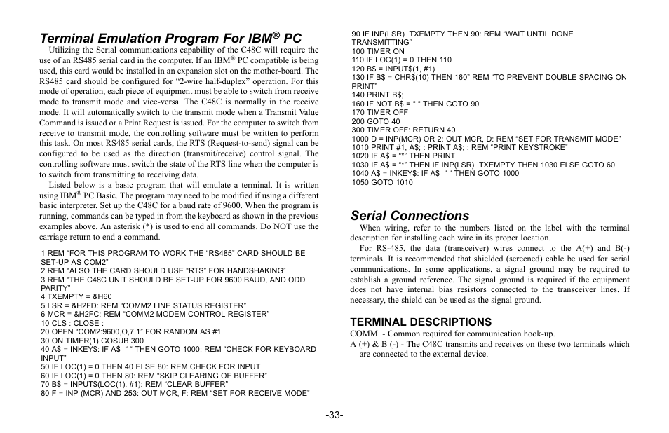 Serial connections, Terminal emulation program for ibm | Red Lion C48C User Manual | Page 39 / 57