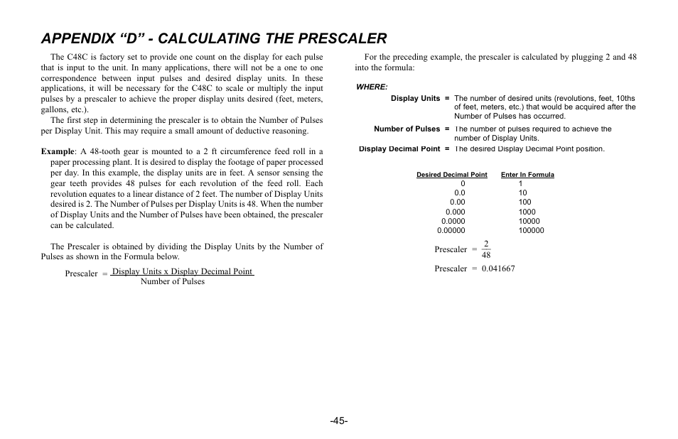 Appendix “d” - calculating the prescaler | Red Lion C48C User Manual | Page 51 / 57