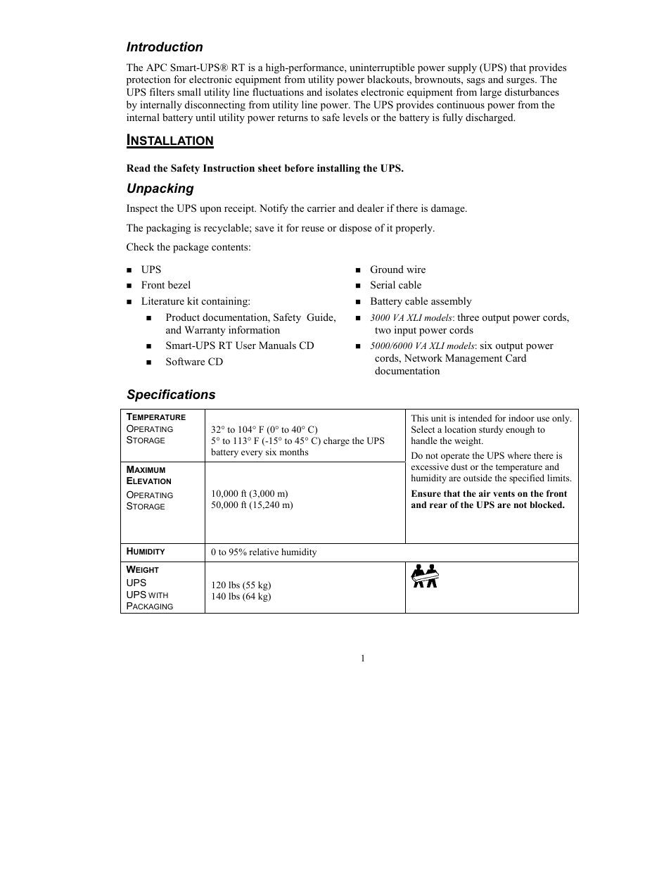 Introduction, Unpacking, Specifications | Nstallation | American Power Conversion RT-UXICH User Manual | Page 3 / 20