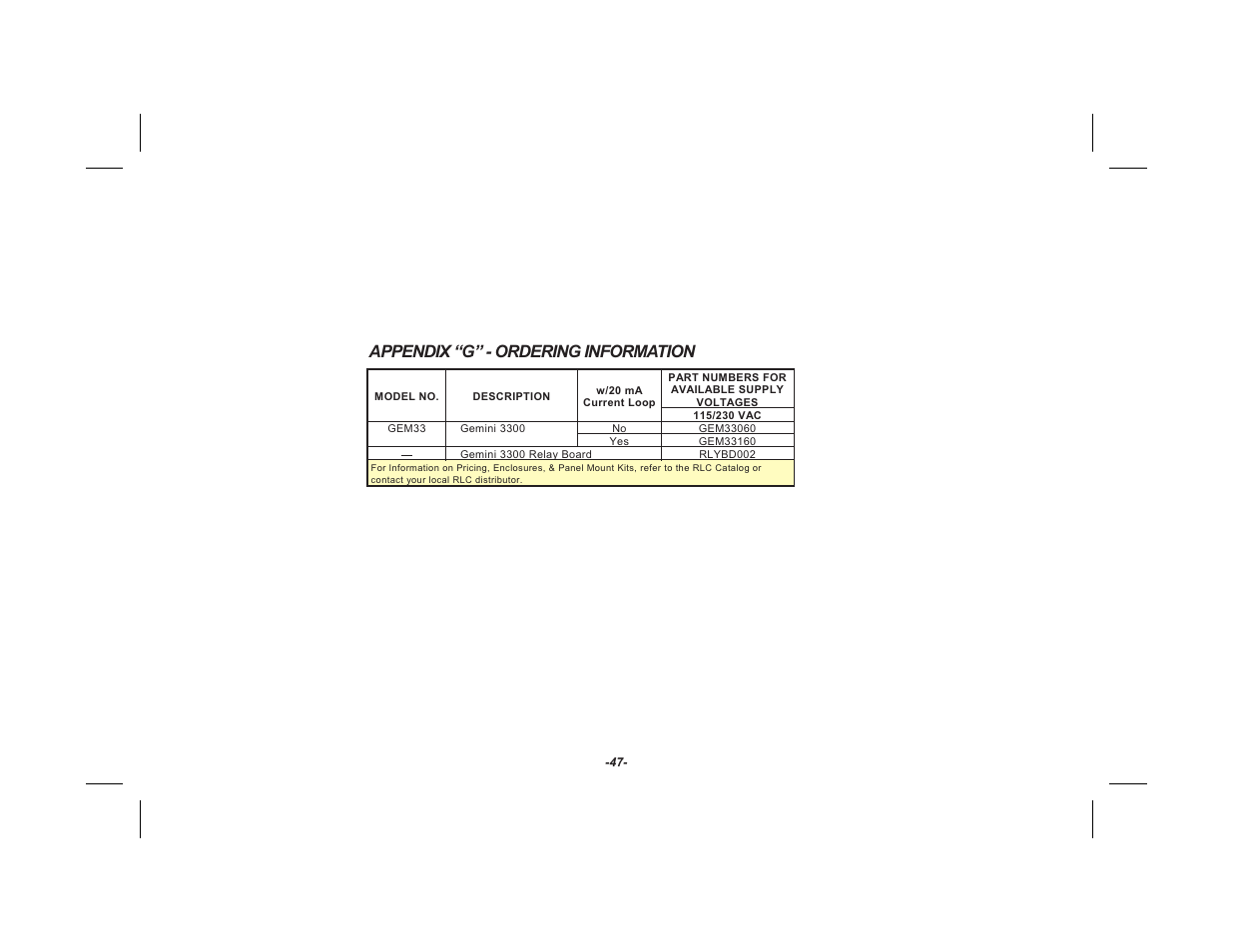 Appendix “g” - ordering information | Red Lion GEMINI 33 User Manual | Page 49 / 52