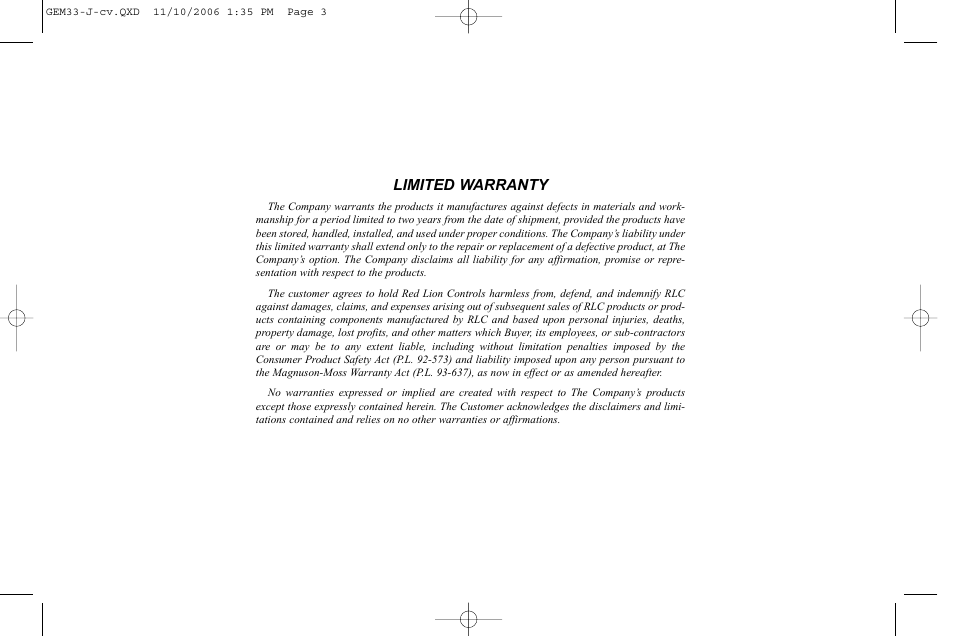Limited warranty | Red Lion GEMINI 33 User Manual | Page 51 / 52