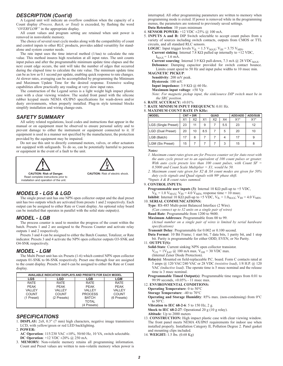 Description (cont’d), Safety summary, Models - lgs & lgd | Model - lgb, Model - lgm, Specifications | Red Lion LEGEND User Manual | Page 2 / 8