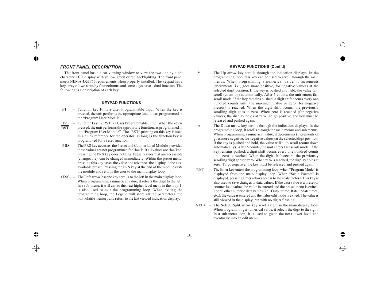 Front panel description 8, Keypad functions 8 | Red Lion LEGEND User Manual | Page 10 / 62