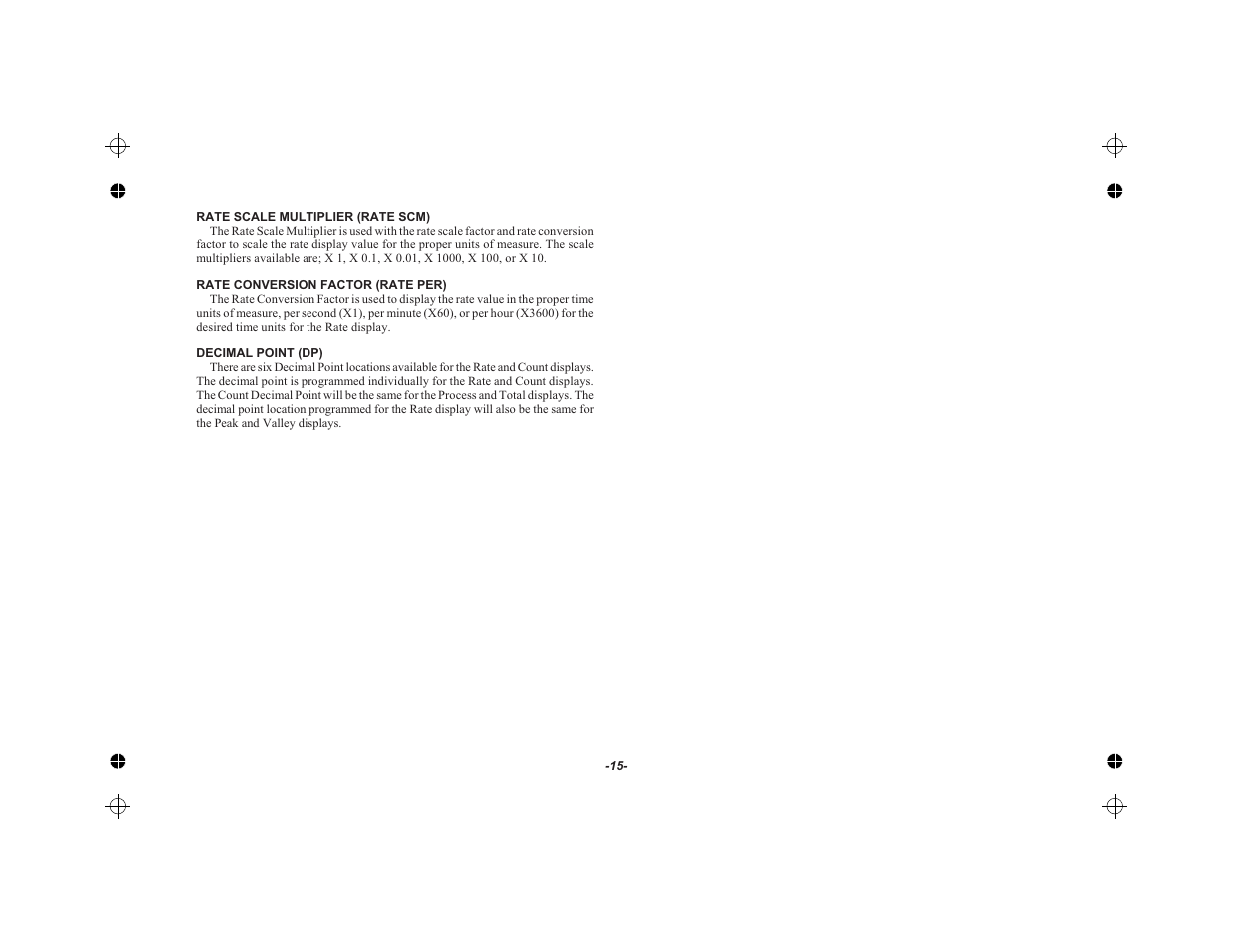 Rate scale multiplier (rate scm) 15, Rate conversion factor (rate per) 15, Decimal point (dp) 15 | Red Lion LEGEND User Manual | Page 17 / 62