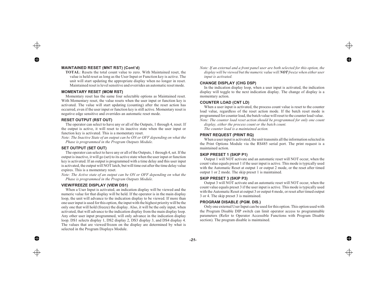 Momentary reset (mom rst) 21, Reset output (rst out) 21, Set output (set out) 21 | View/freeze display (view ds1) 21, Change display (chg dsp) 21, Counter load (cnt ld) 21, Print request (print rq) 21, Skip preset 1 (skip p1) 21, Skip preset 3 (skip p3) 21, Program disable (pgm. dis.) 21 | Red Lion LEGEND User Manual | Page 23 / 62