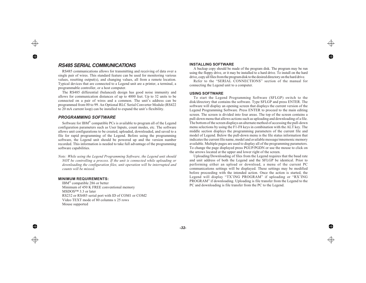 Rs485 serial communications 32, Programming software 32, Installing software 32 | Using software 32, Rs485 serial communications | Red Lion LEGEND User Manual | Page 34 / 62