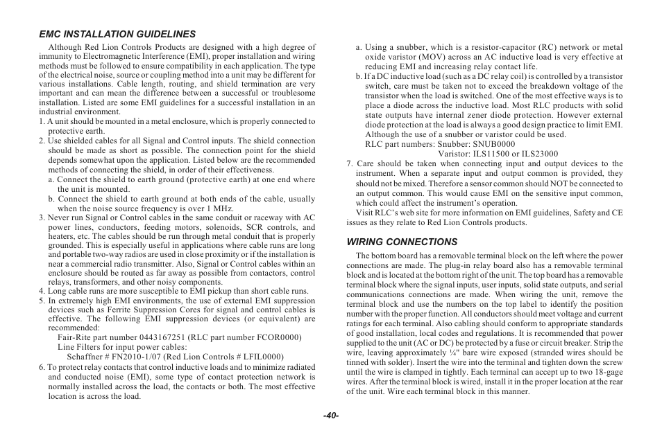 Emc installation guidelines 40, Wiring connections 40 | Red Lion LEGEND User Manual | Page 42 / 62