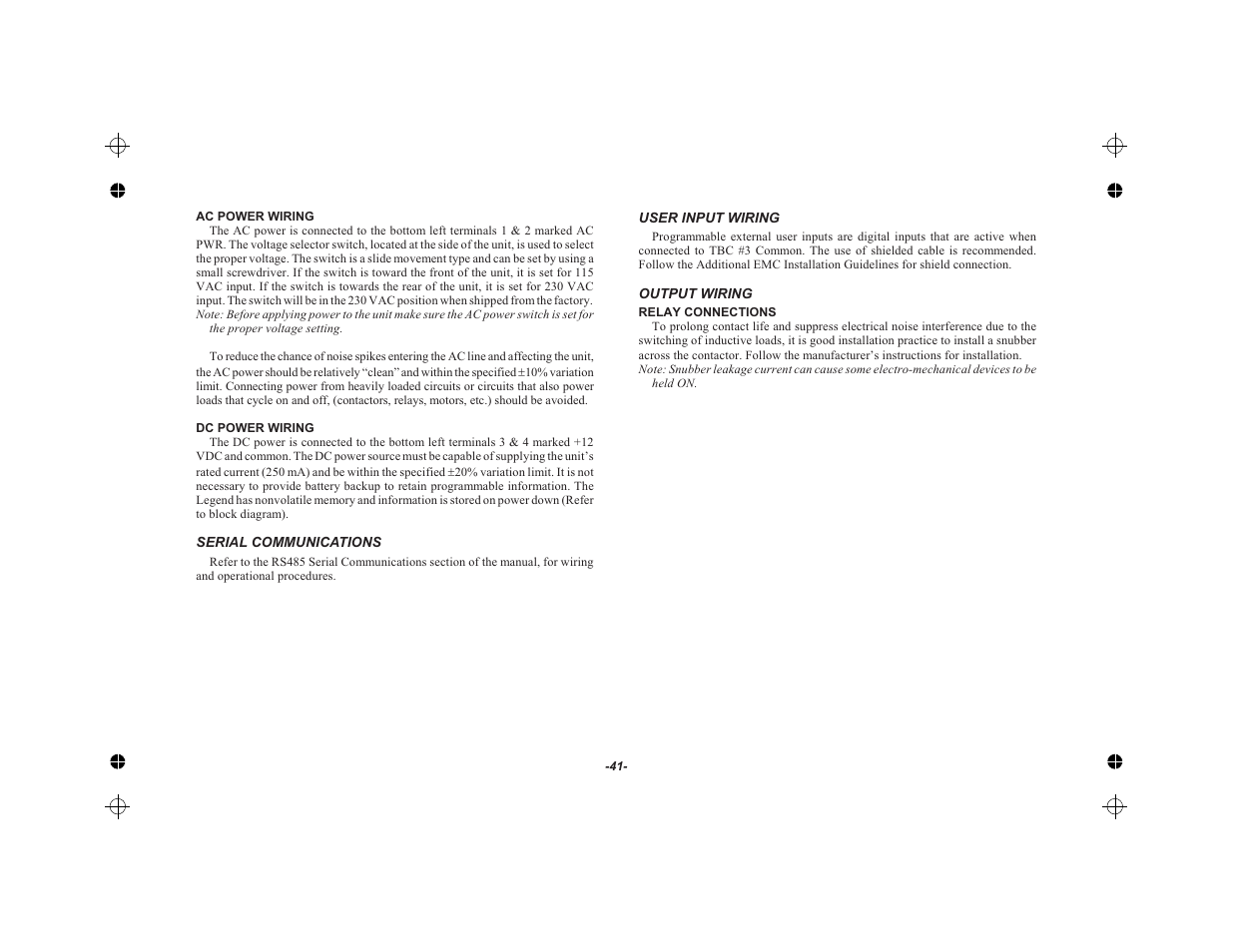 Ac power wiring 41, Dc power wiring 41, Serial communications 41 | User input wiring 41, Output wiring 41, Relay connections 41 | Red Lion LEGEND User Manual | Page 43 / 62