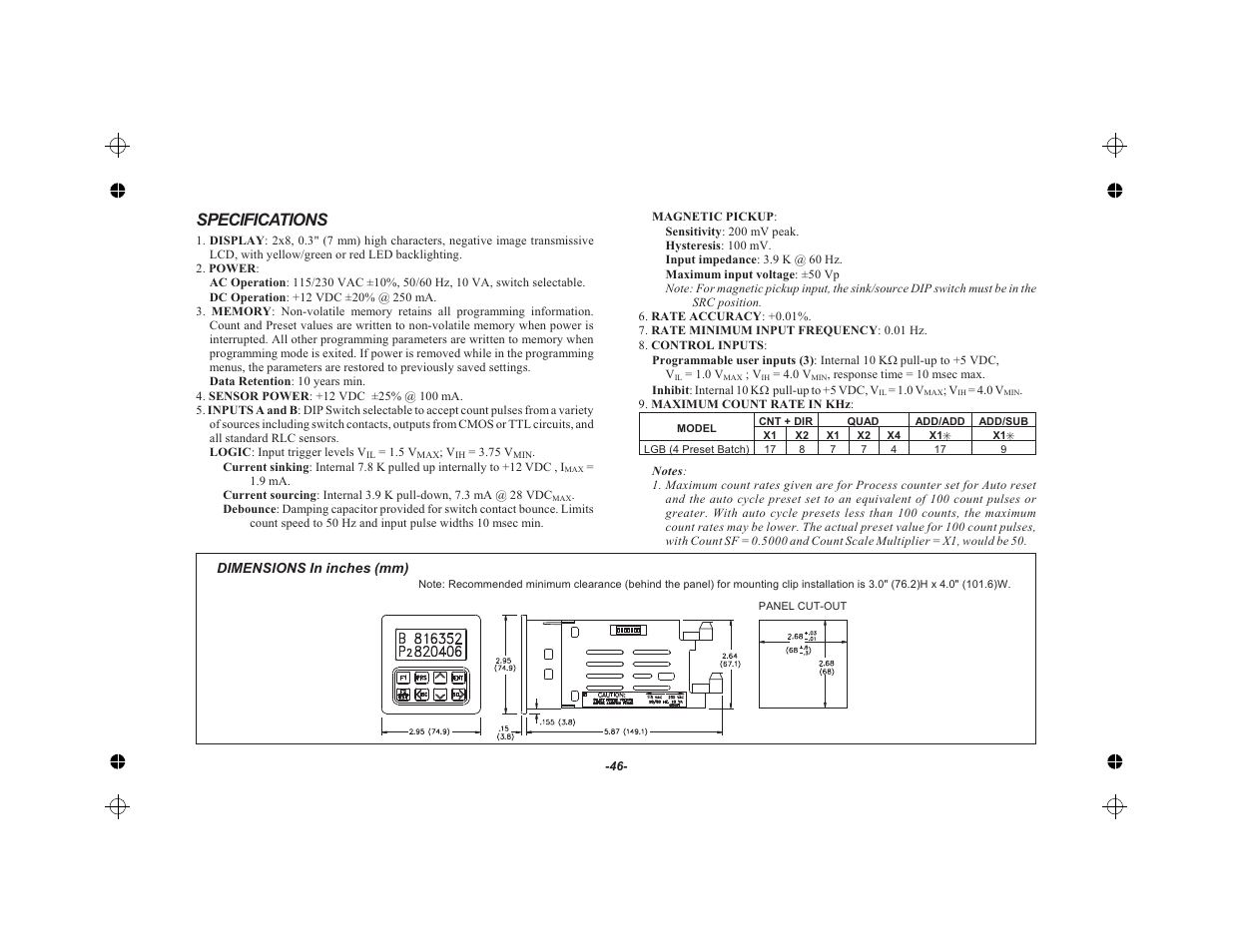 Specifications 46, Specifications | Red Lion LEGEND User Manual | Page 48 / 62
