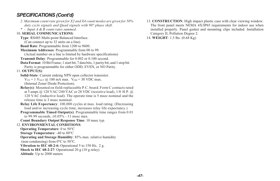 Specifications (cont’d) | Red Lion LEGEND User Manual | Page 49 / 62