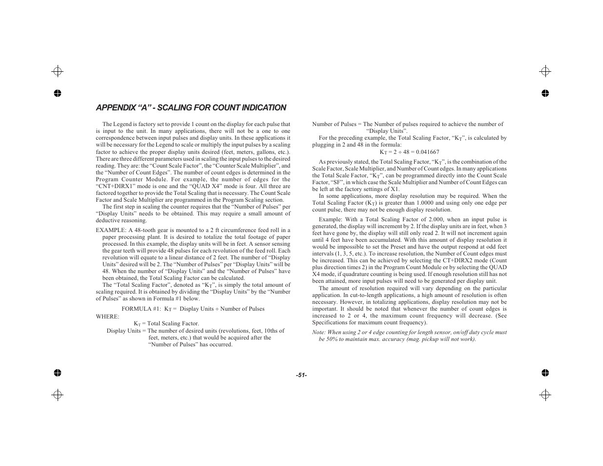 Appendix “a” - scaling for count indication 51, Appendix “a” - scaling for count indication | Red Lion LEGEND User Manual | Page 53 / 62