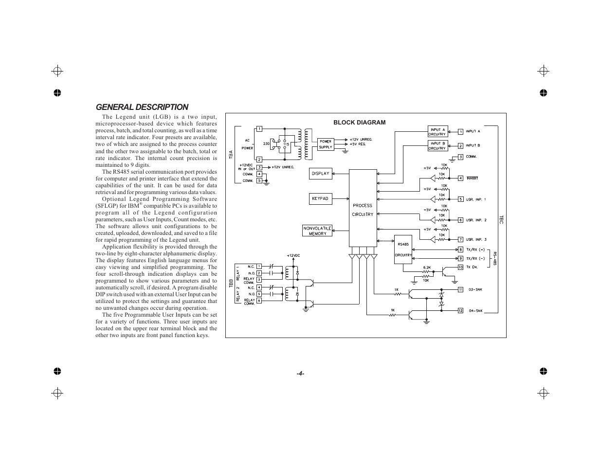 General description 4, Block diagram 4, General description | Red Lion LEGEND User Manual | Page 6 / 62