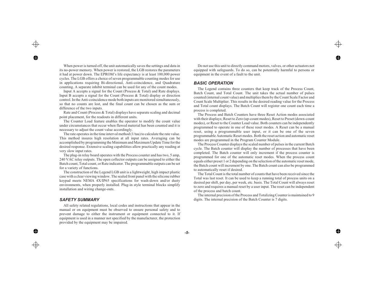 Safety summary 5, Basic operation 5 | Red Lion LEGEND User Manual | Page 7 / 62
