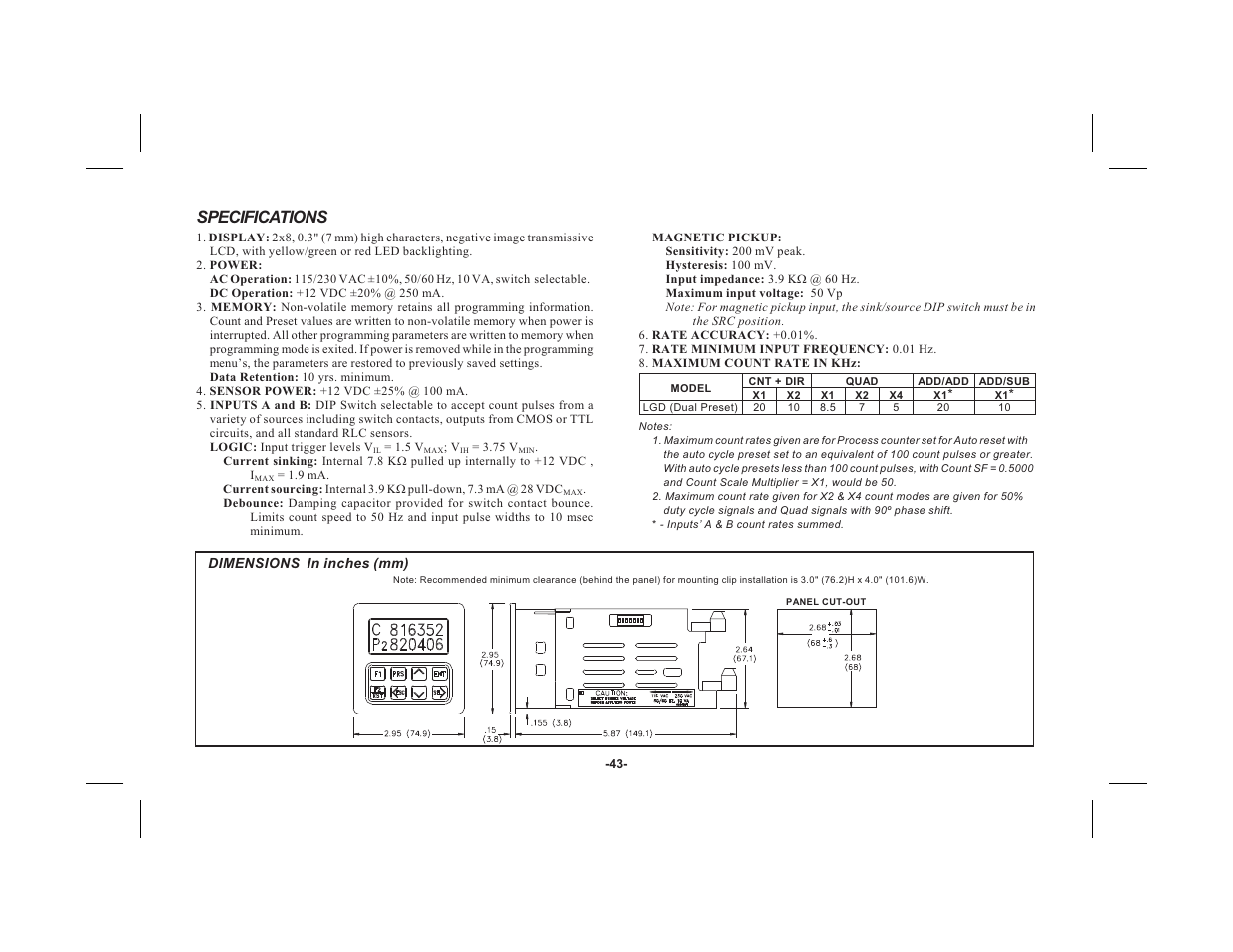 Specifications | Red Lion LEGEND User Manual | Page 45 / 60