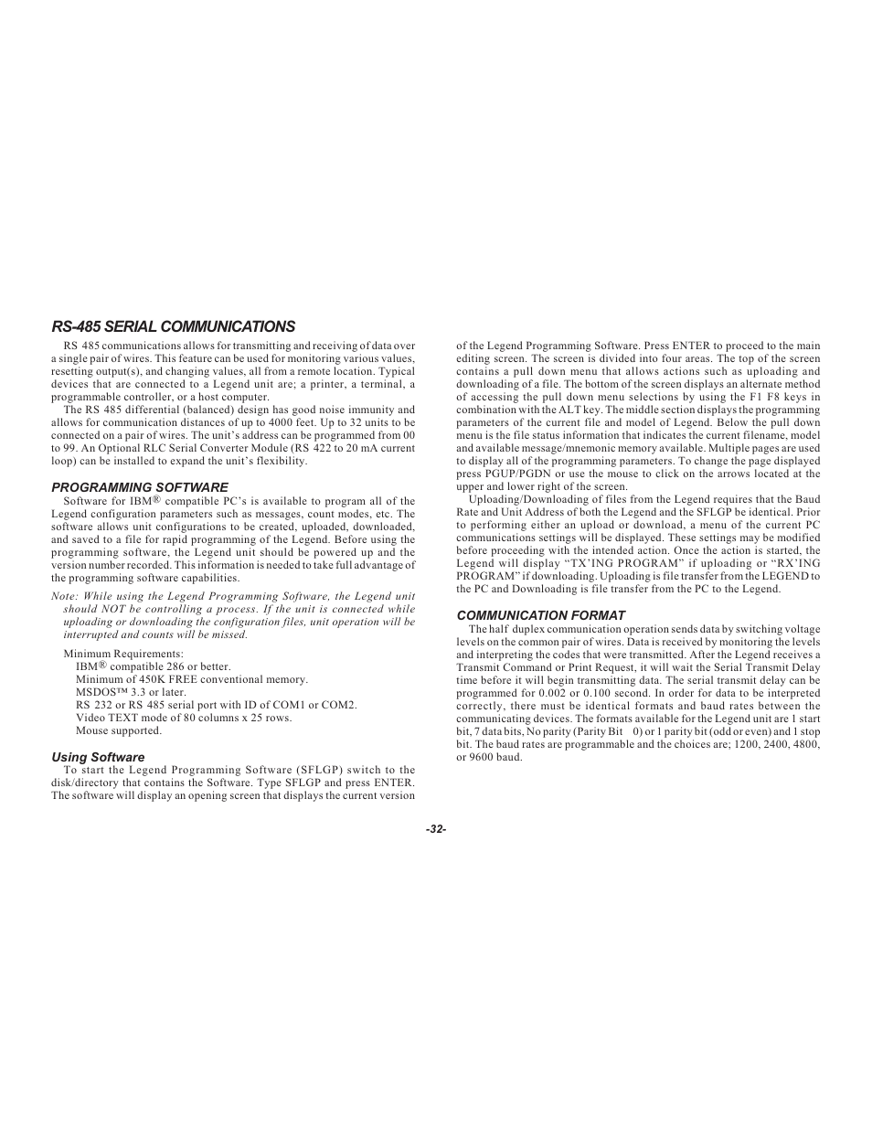 Rs-485 serial communications | Red Lion LEGEND User Manual | Page 34 / 64